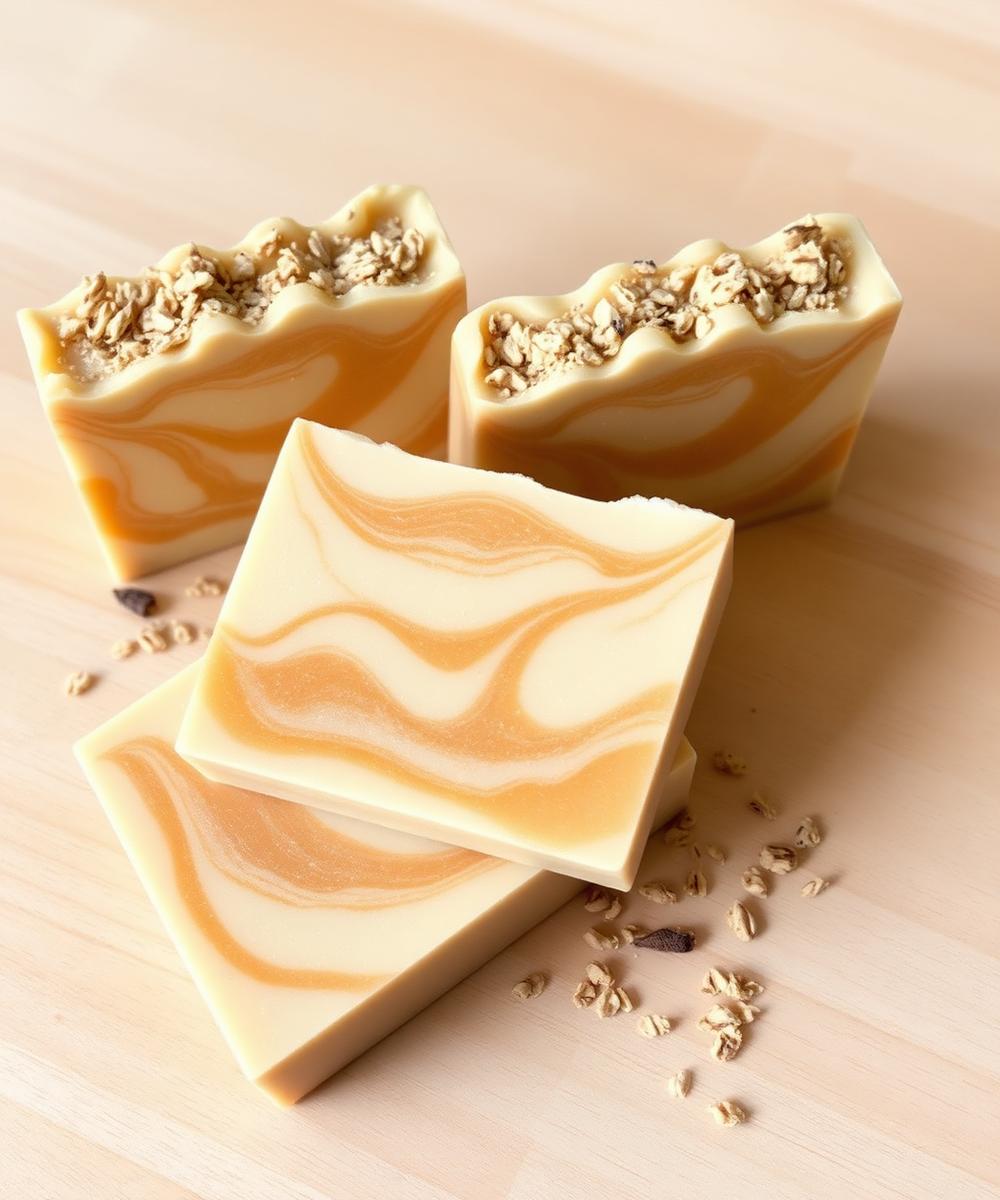 Jabones artesanales con vetas cremas y doradas decorados con avena sobre madera clara.