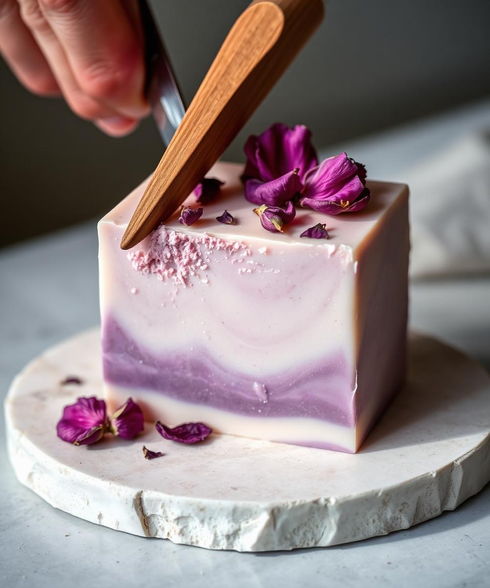 Jabón artesanal con capas en tono violeta suave y pétalos de rosa sobre superficie de piedra clara.