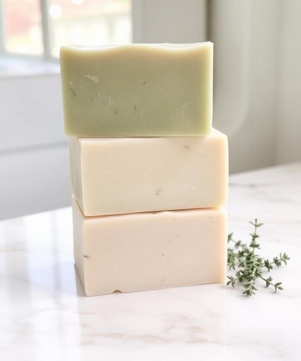 Tres jabones artesanales apilados en tonos verde suave y crema junto a ramitas de tomillo.