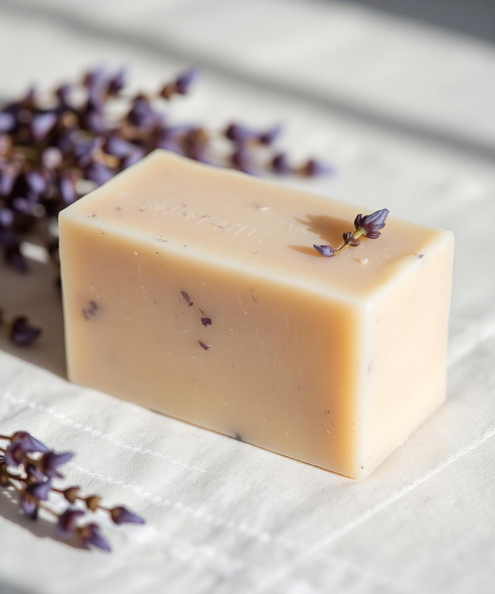 Barra de jabón artesanal en tonos crema con flores de lavanda secas sobre lino.