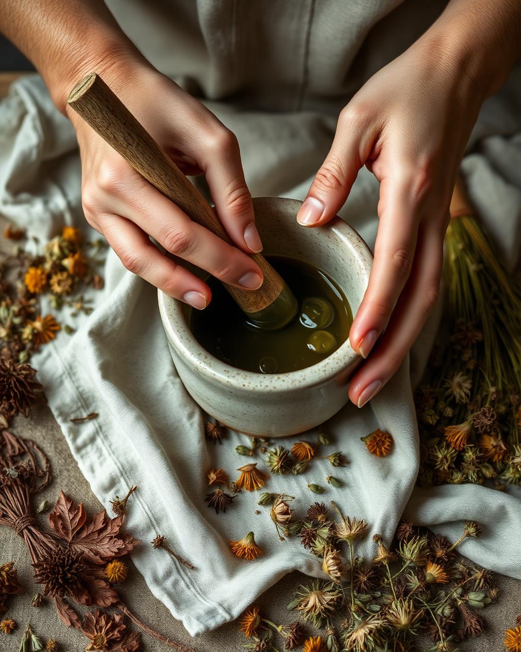 Manos preparando aceites botánicos en mortero de cerámica