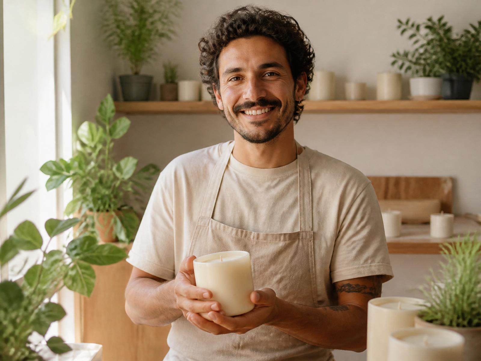 Persona sonriendo mientras sostiene una vela artesanal recién creada en un espacio cálido con plantas y madera clara.